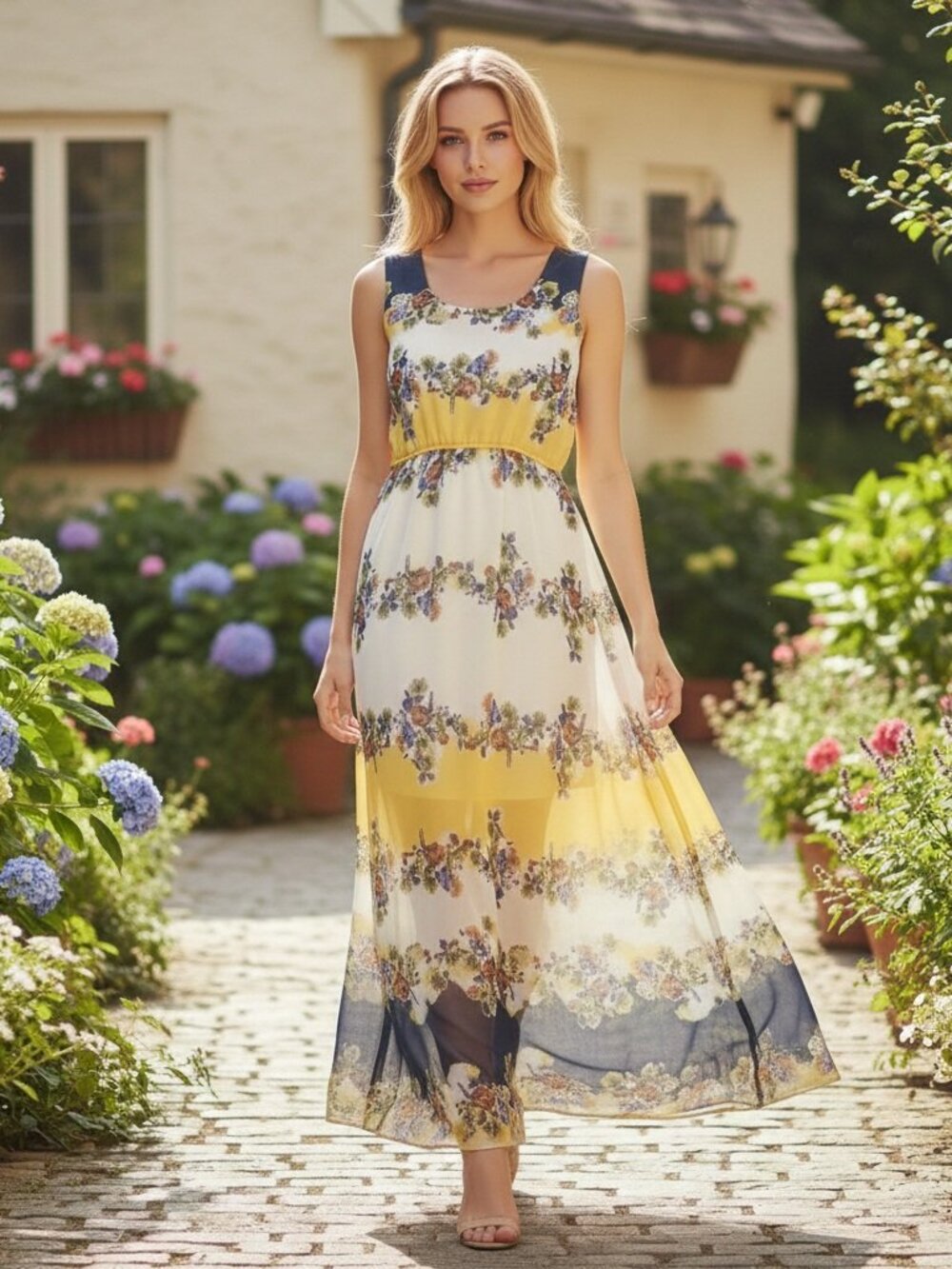 Floral Maxi Dress Sleeveless A Line Cottagecore Romantic Feminine Yellow - Picture 2 of 8
